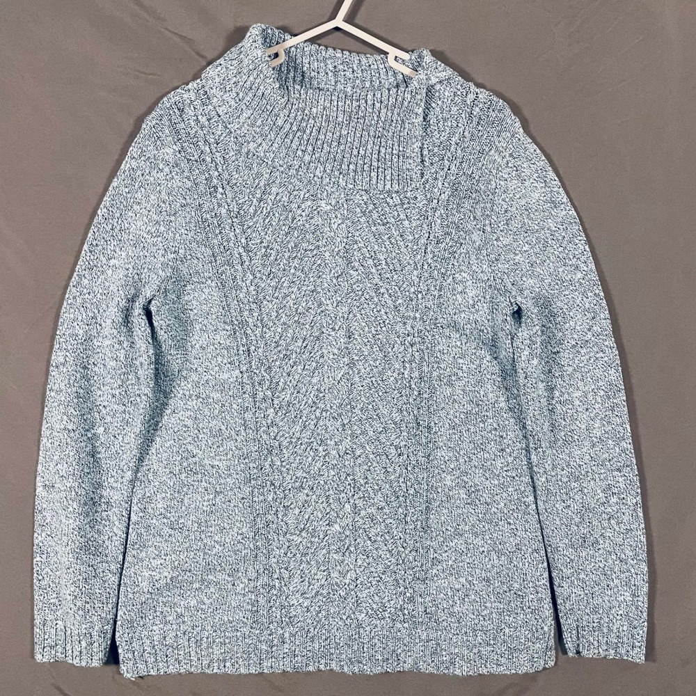 Talbots Womens Medium Blue White Marled Cotton Cable Knit Funnel Neck Sweater